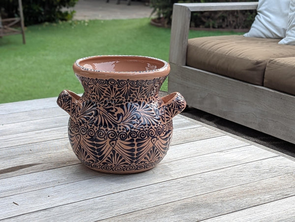 Blue Sunburst Planter | 10.5" Round Ceramic Flower Pot is Handmade Mexican Pottery for Outdoor Garden Decor, Indoor Home Decor, Unique Gift