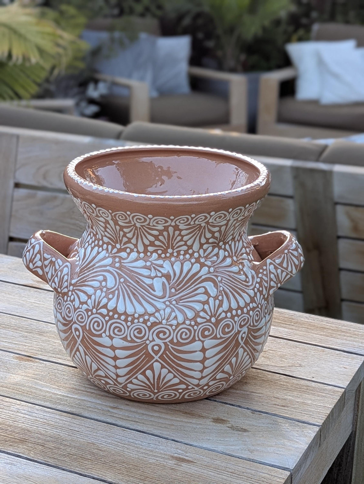 White Sunkist Ceramic Flower Pot is 10.5 inch Round Handmade Mexican Planter | Outdoor Garden Decor, Indoor Home Decor, Unique Housewarming Gift