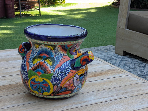 Colorful 10.5 inch Round Flower Pot, Talavera Ceramic Planter, Handmade Pottery is Outdoor Garden Decor, Indoor Home Decor