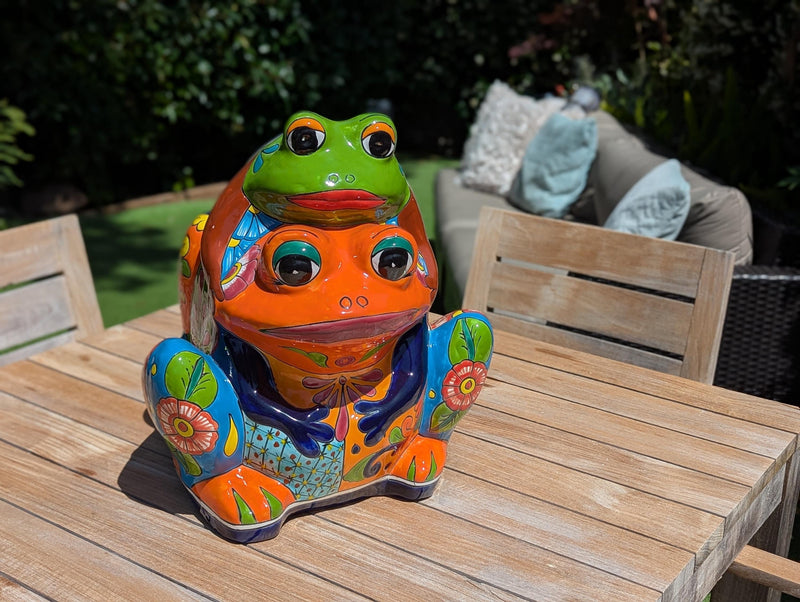 Double Frog Flower Pot | Ceramic Talavera Pottery for Indoor or Outdoor Planter Pot, Handmade Mexican Home Decor or Garden Decor & Yard Art