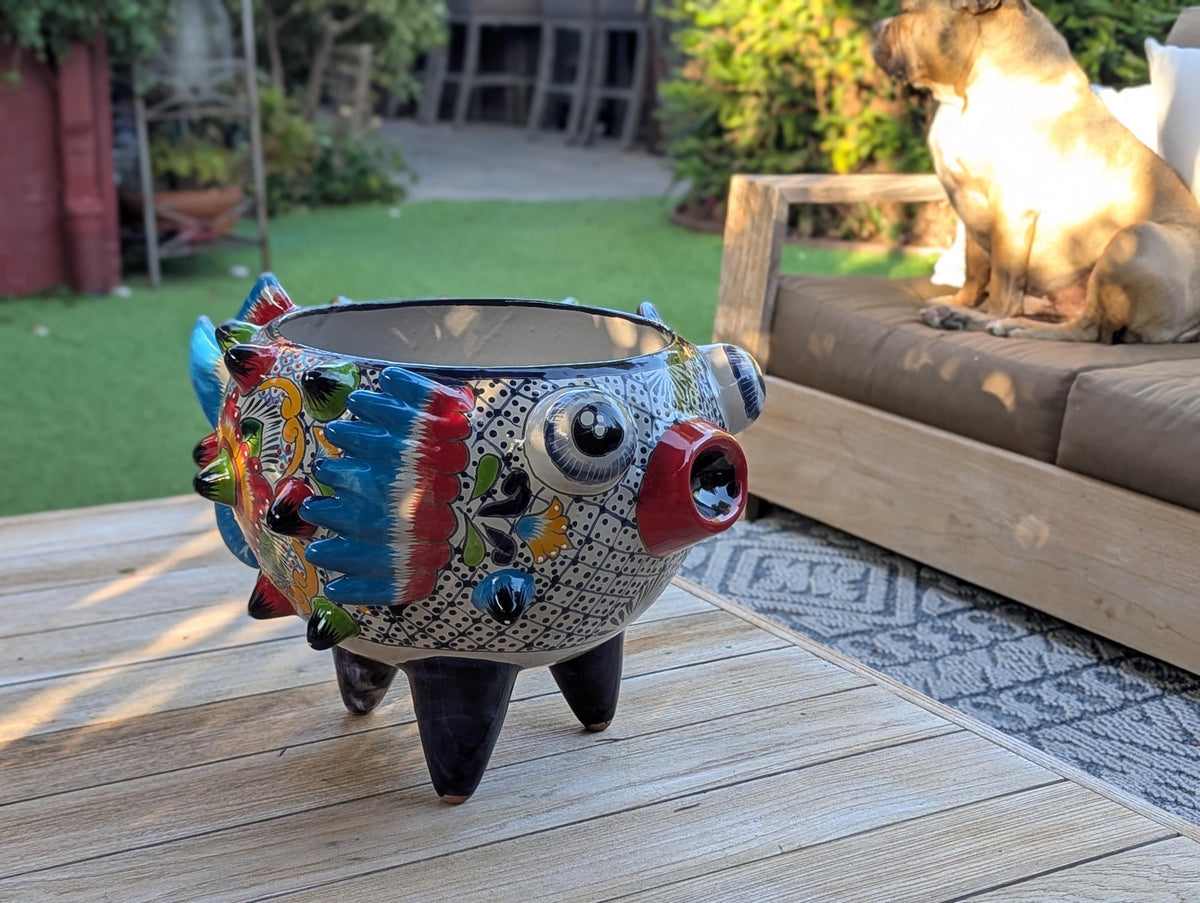 Blowfish Planter is Hand Painted Ceramic Talavera Mexican Pottery | Unique Planter Yard Art for Outdoor Garden Decor