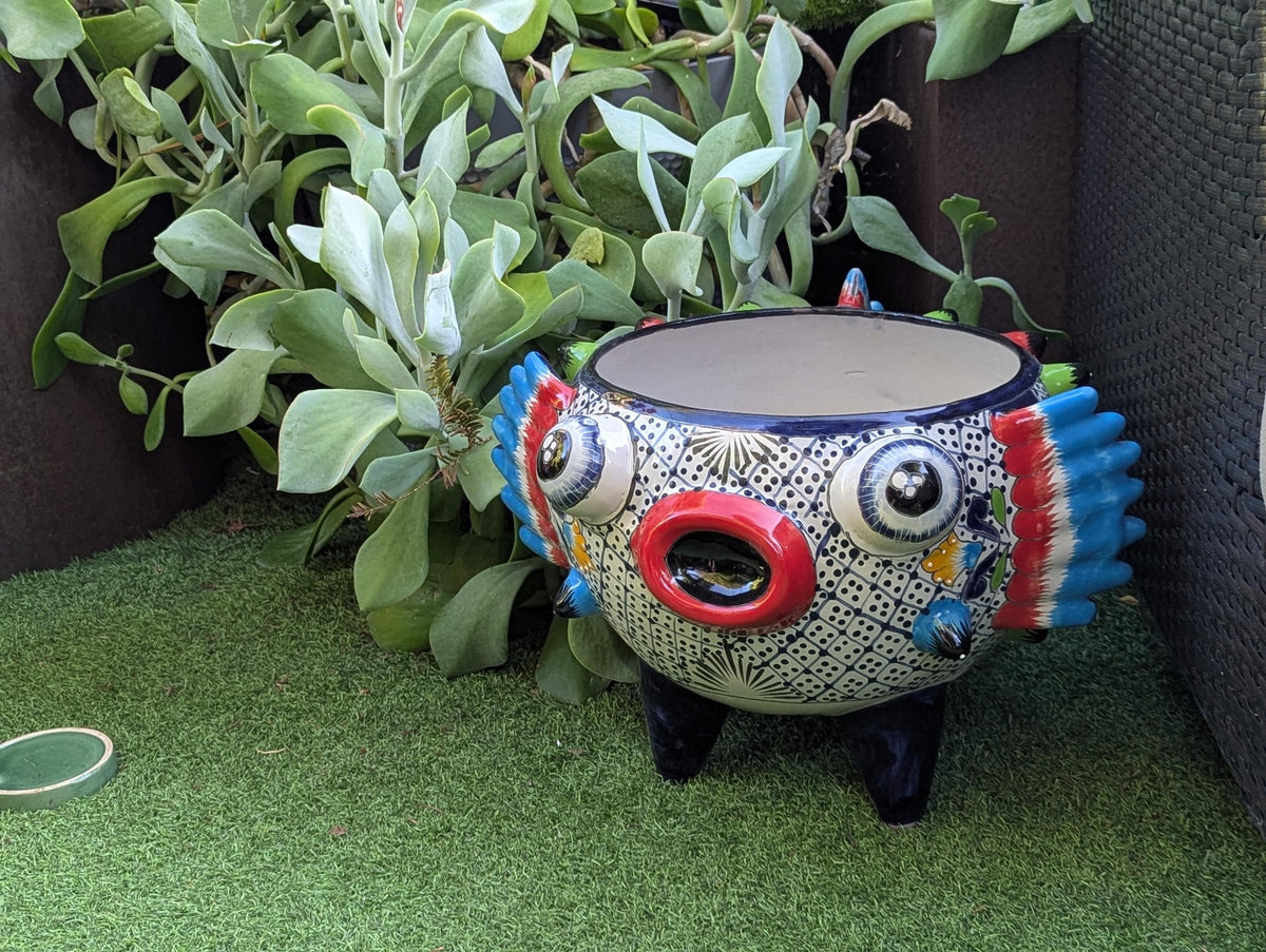Blowfish Planter is Hand Painted Ceramic Talavera Mexican Pottery | Unique Planter Yard Art for Outdoor Garden Decor