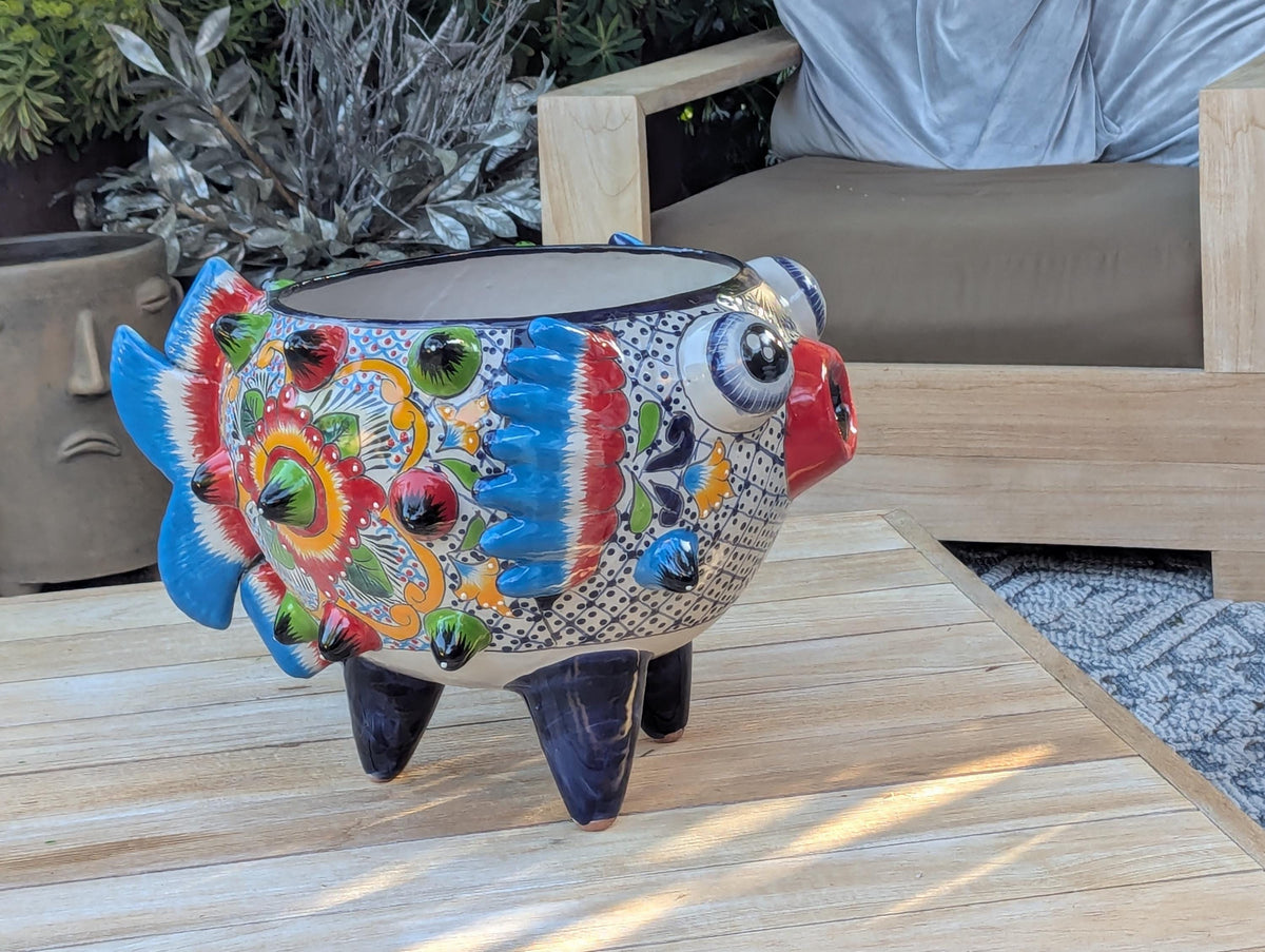 Blowfish Planter is Hand Painted Ceramic Talavera Mexican Pottery | Unique Planter Yard Art for Outdoor Garden Decor