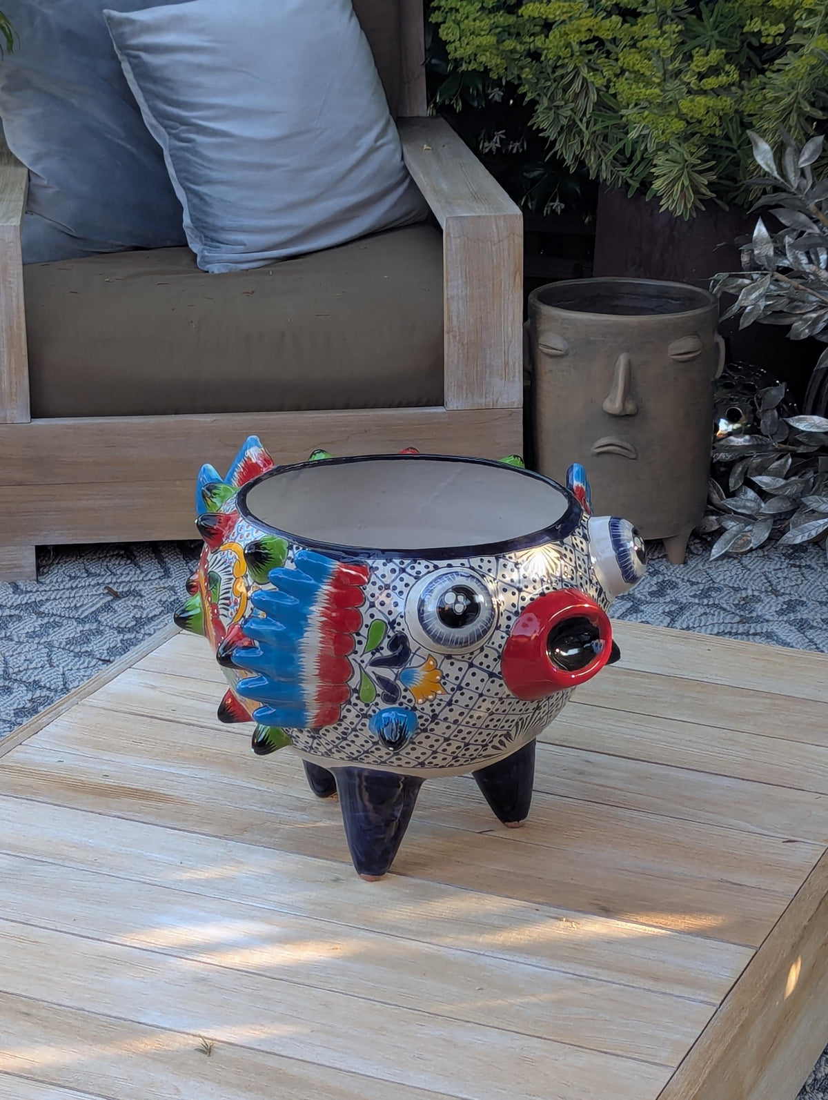 Blowfish Planter is Hand Painted Ceramic Talavera Mexican Pottery | Unique Planter Yard Art for Outdoor Garden Decor