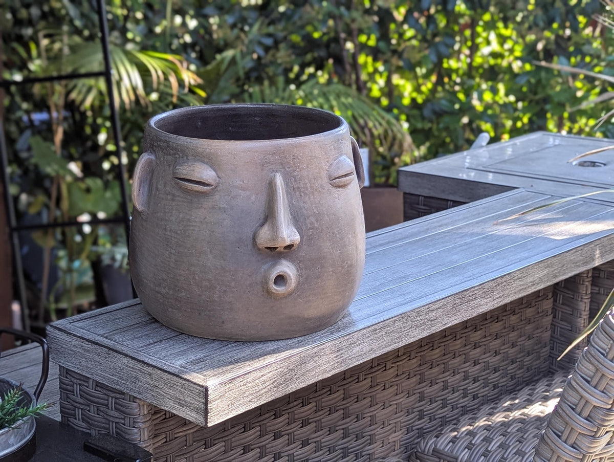 Big Face Whistler Planter Pot is Handmade Pottery of Atzompa, Mexico | Unique Plant Pot is Outdoor Garden Decor or Home Decor & Mexican Art,