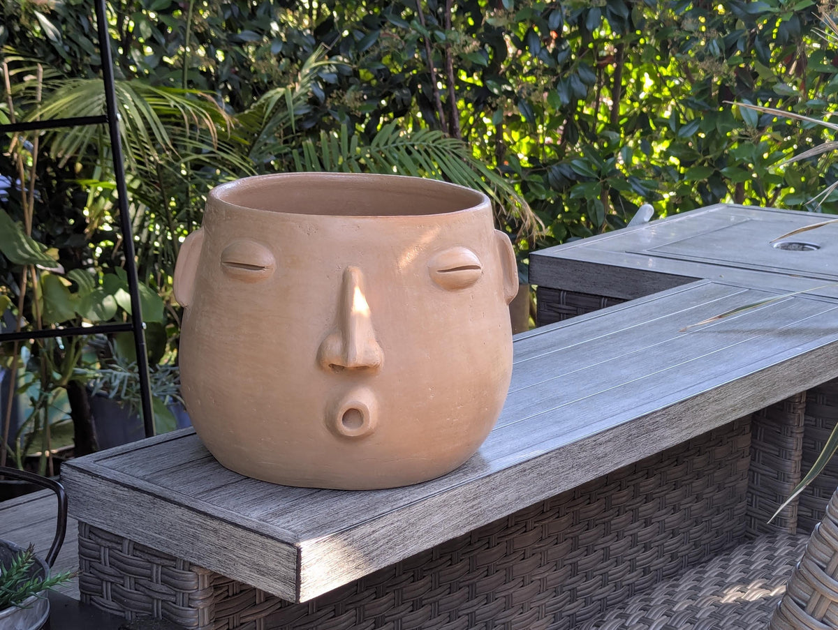 Big Face Whistler Planter Pot is Handmade Pottery of Atzompa, Mexico | Unique Plant Pot is Outdoor Garden Decor or Home Decor & Mexican Art