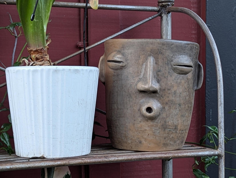 Two planters, one white and one with a face design, on a metal shelf.