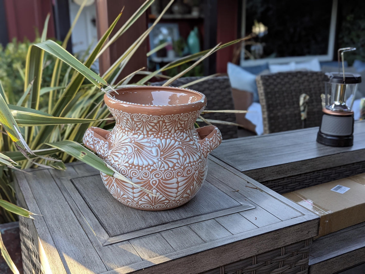White Sunkist Ceramic Flower Pot is 10.5 inch Round Handmade Mexican Planter | Outdoor Garden Decor, Indoor Home Decor, Unique Housewarming Gift