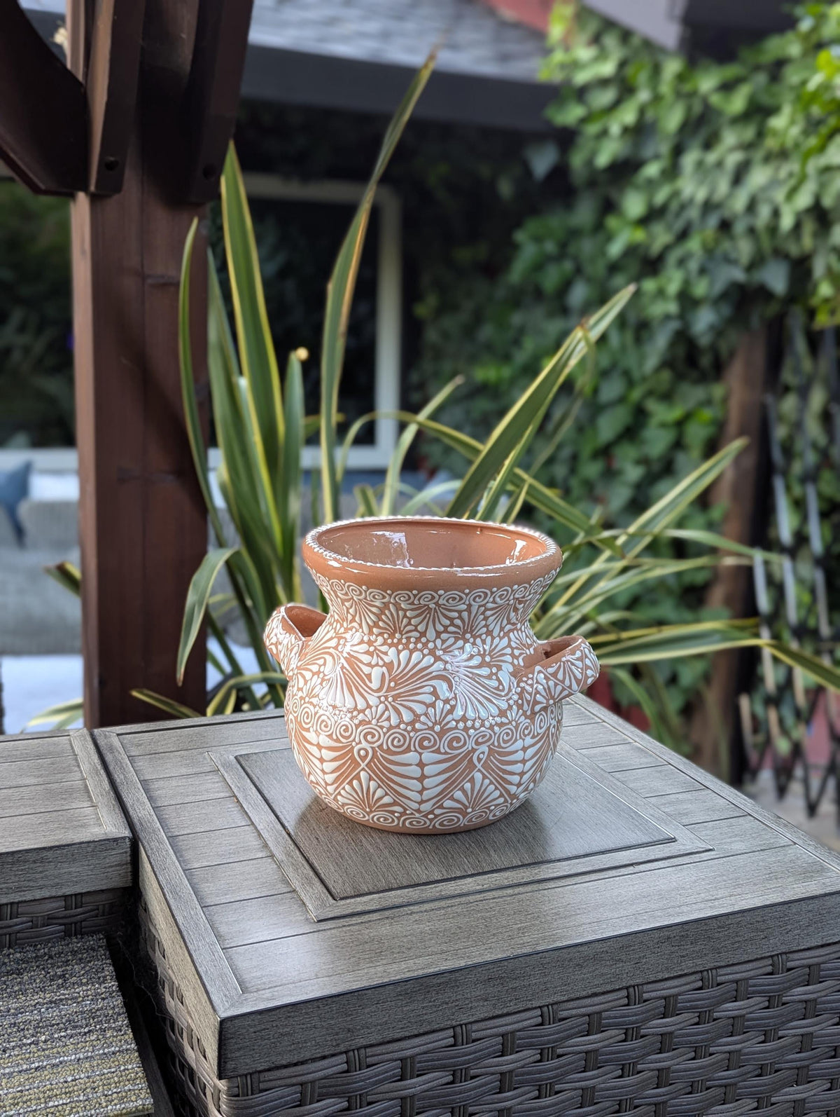 White Sunkist Ceramic Flower Pot is 10.5 inch Round Handmade Mexican Planter | Outdoor Garden Decor, Indoor Home Decor, Unique Housewarming Gift