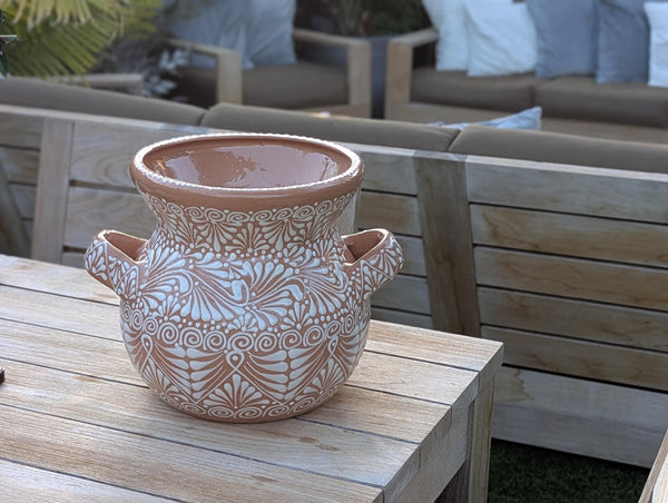 White Sunburst Ceramic Flower Pot is 10.5" Round Handmade Mexican Planter, Outdoor Garden Decor, Indoor Home Decor, Ships 10-1