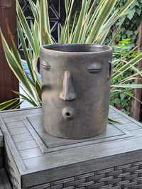 Ceramic face-shaped planter on a wooden surface with plants in the background