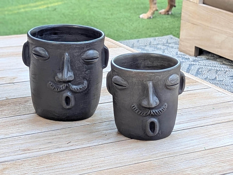 Mustache Whistler Face Planter & Flower Pot is Handmade Mexican Pottery from Atzompa Mexico | Use as Indoor Home Decor or Outdoor Yard Art