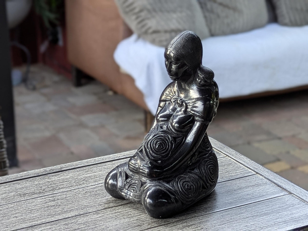 Pregnant Mom with Baby Figurine Home Decor in Barro Negro | Handmade Black Clay Mexican Pottery from San Bartolo near Oaxaca, Mexico