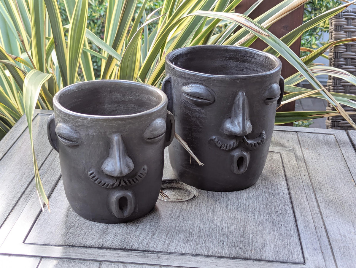 Mustache Whistler Face Planter & Flower Pot is Handmade Mexican Pottery from Atzompa Mexico | Use as Indoor Home Decor or Outdoor Yard Art