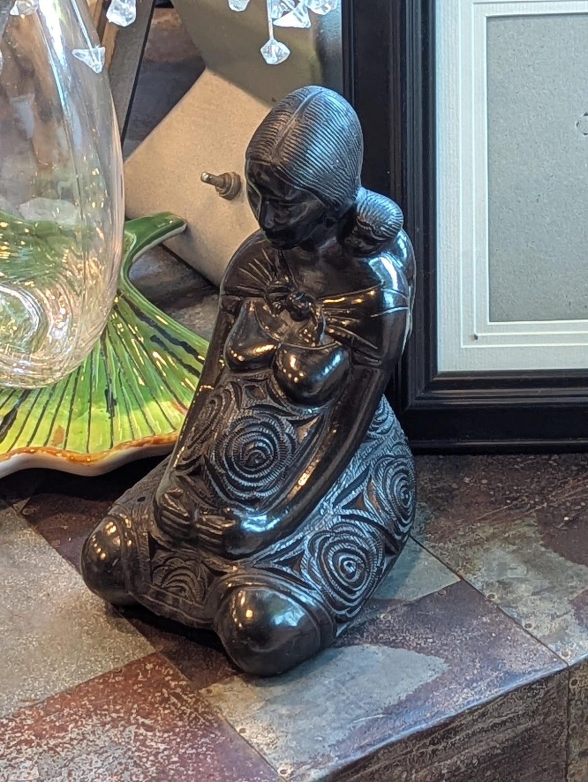 Pregnant Mom with Baby Figurine Home Decor in Barro Negro | Handmade Black Clay Mexican Pottery from San Bartolo near Oaxaca, Mexico