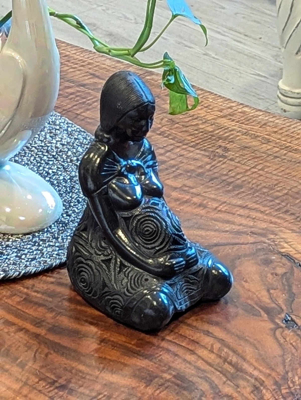Pregnant Mom with Baby Figurine Home Decor in Barro Negro | Handmade Black Clay Mexican Pottery from San Bartolo near Oaxaca, Mexico