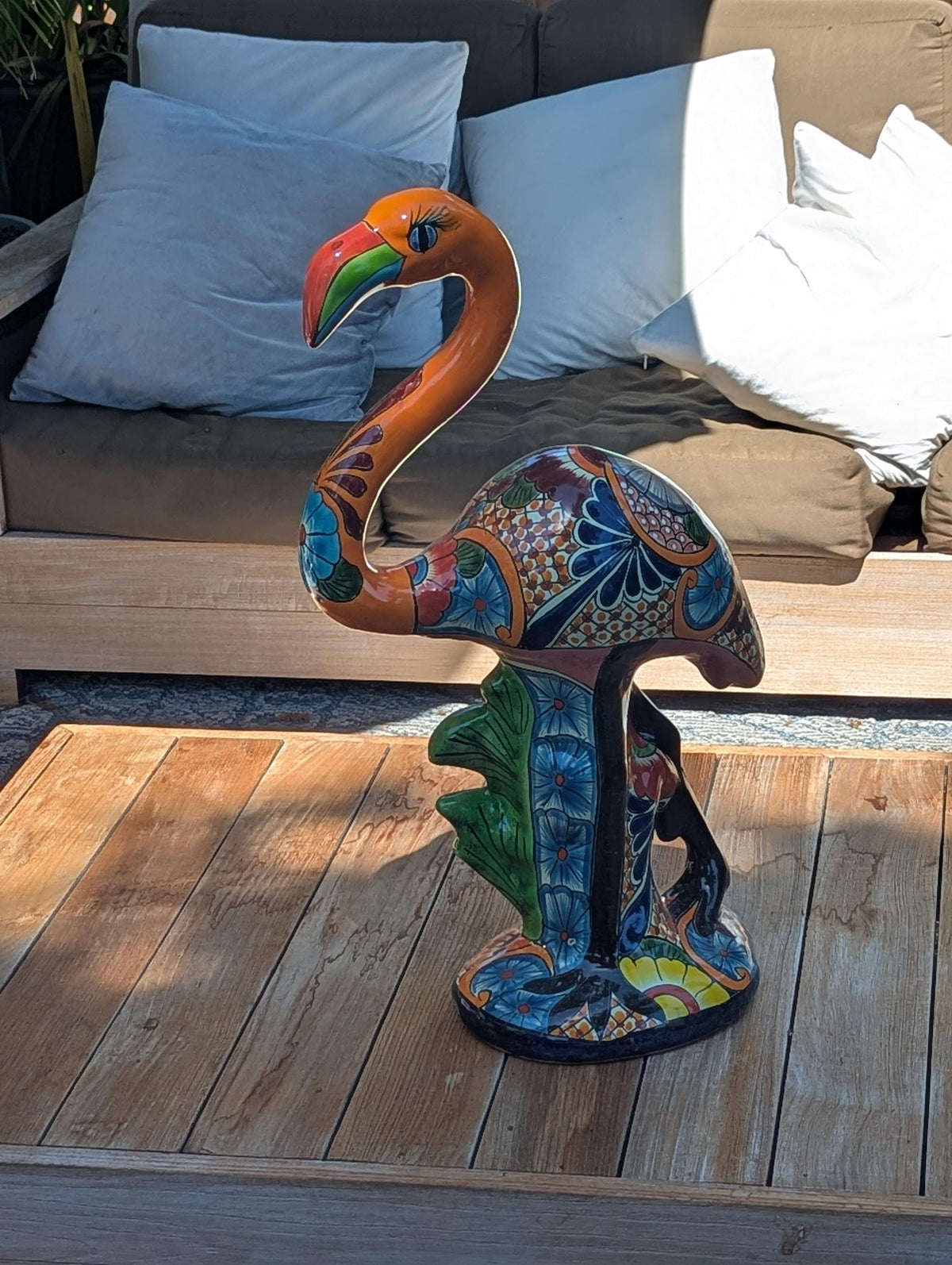 Orange Flamingo Garden Decor & Yard Art, Ceramic Talavera Pottery to use as Home Decor, Porch Decoration or Outdoor Decor
