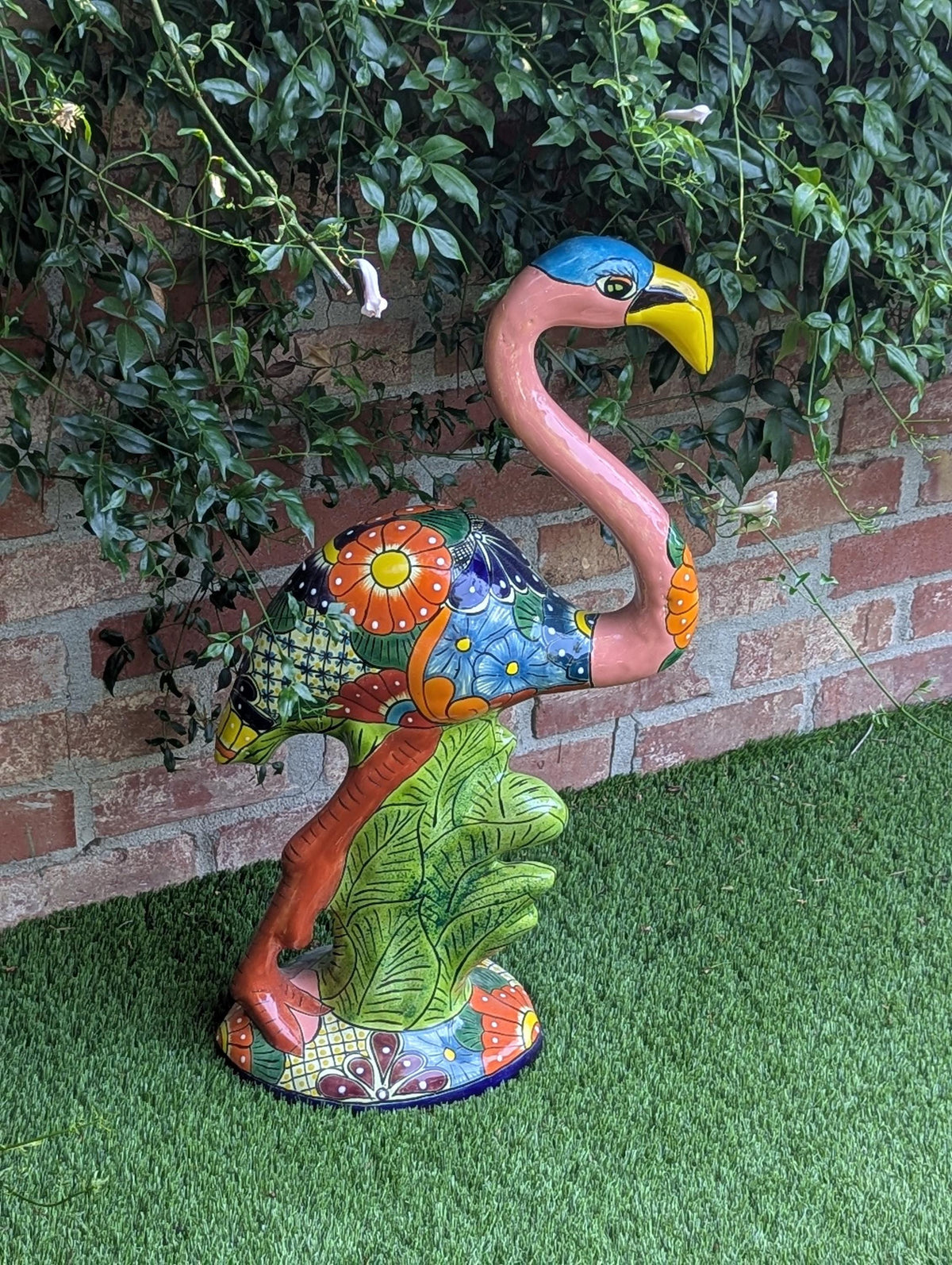 Pink Flamingo Garden Decor & Yard Art, Ceramic Talavera Pottery to use as Home Decor, Porch Decoration or Outdoor Decor