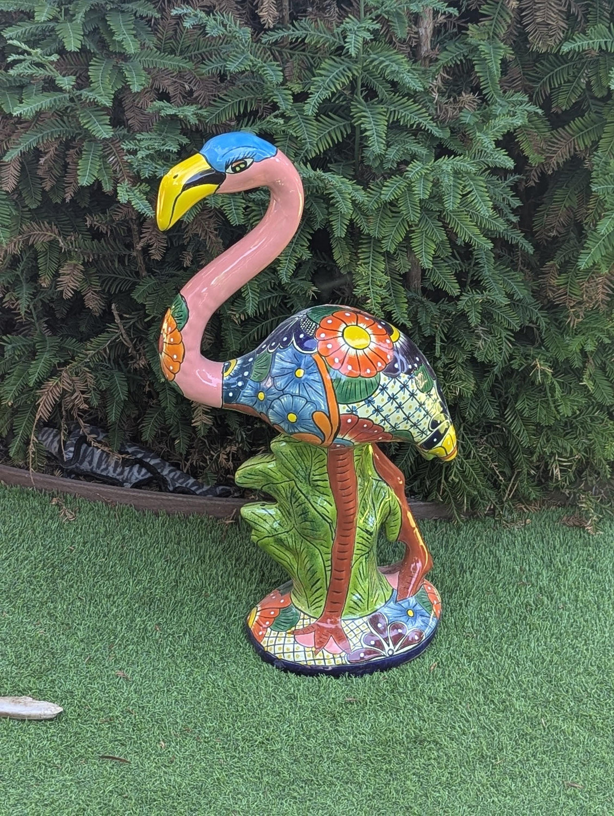 Pink Flamingo Garden Decor & Yard Art, Ceramic Talavera Pottery to use as Home Decor, Porch Decoration or Outdoor Decor