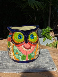Lovely Owl Flower Pot | Ceramic Talavera Planter is Handmade Mexican Pottery for Outdoor Garden Decor, Indoor Home Decor, 11.5 inch Tall