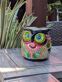 Lovely Owl Flower Pot | Ceramic Talavera Planter is Handmade Mexican Pottery for Outdoor Garden Decor, Indoor Home Decor, 11.5 inch Tall