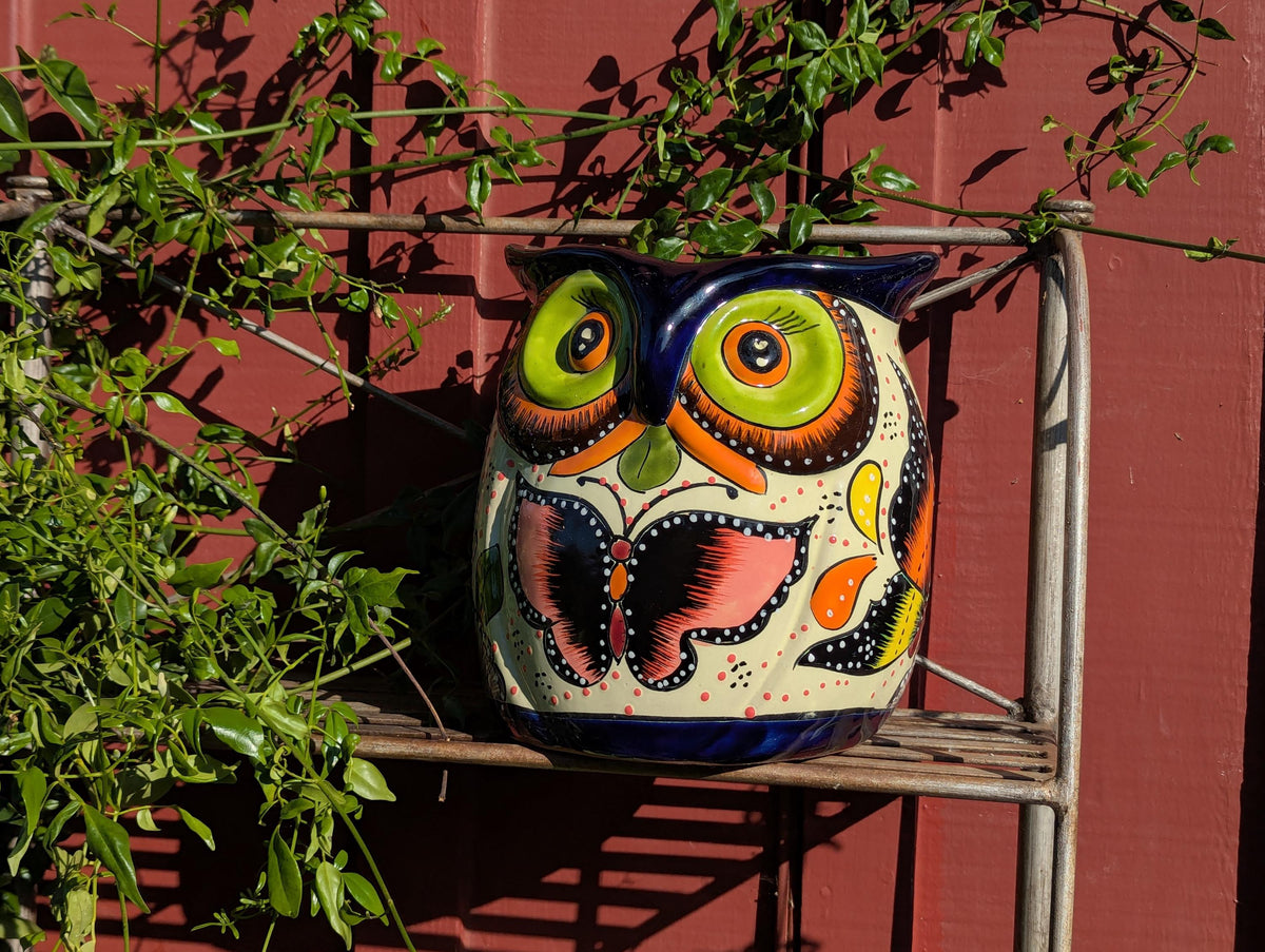 Lovely Owl Flower Pot | Ceramic Talavera Planter is Handmade Mexican Pottery for Outdoor Garden Decor, Indoor Home Decor, 11.5 inch Tall