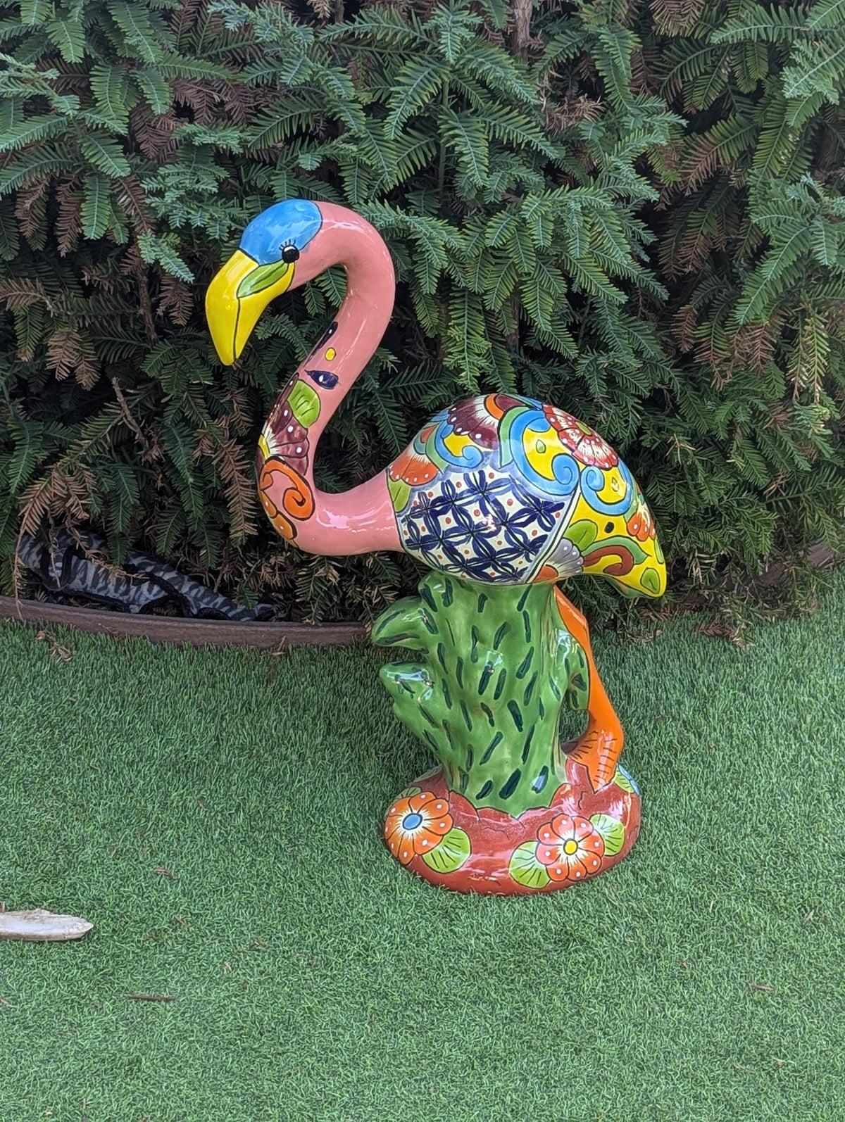 Pink Flamingo Garden Decor & Yard Art, Ceramic Talavera Pottery to use as Home Decor, Porch Decoration or Outdoor Decor
