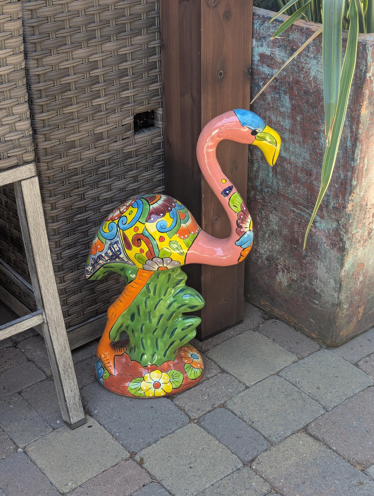 Pink Flamingo Garden Decor & Yard Art, Ceramic Talavera Pottery to use as Home Decor, Porch Decoration or Outdoor Decor