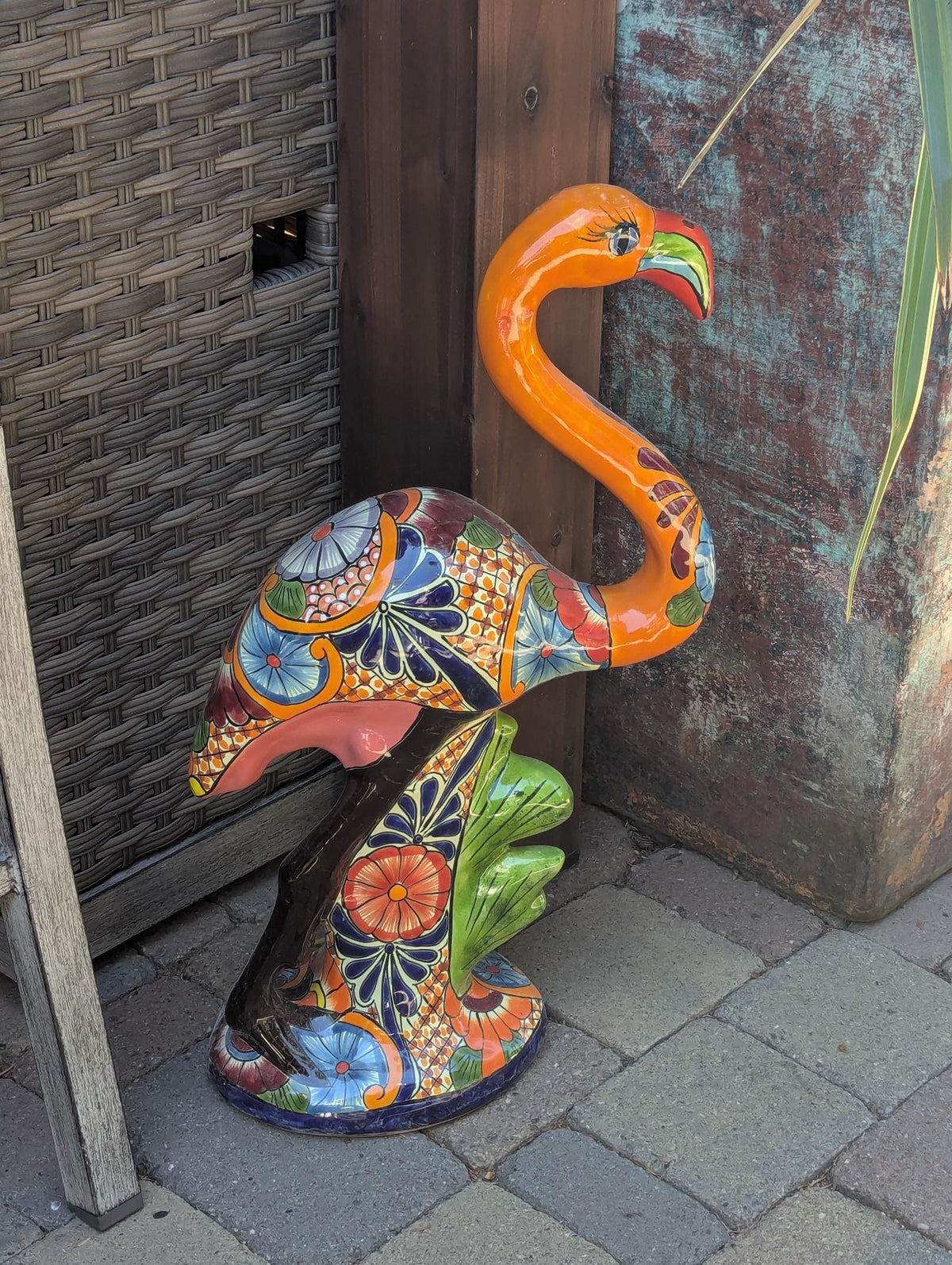 Orange Flamingo Garden Decor & Yard Art, Ceramic Talavera Pottery to use as Home Decor, Porch Decoration or Outdoor Decor