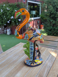 Orange Flamingo Garden Decor & Yard Art, Ceramic Talavera Pottery to use as Home Decor, Porch Decoration or Outdoor Decor
