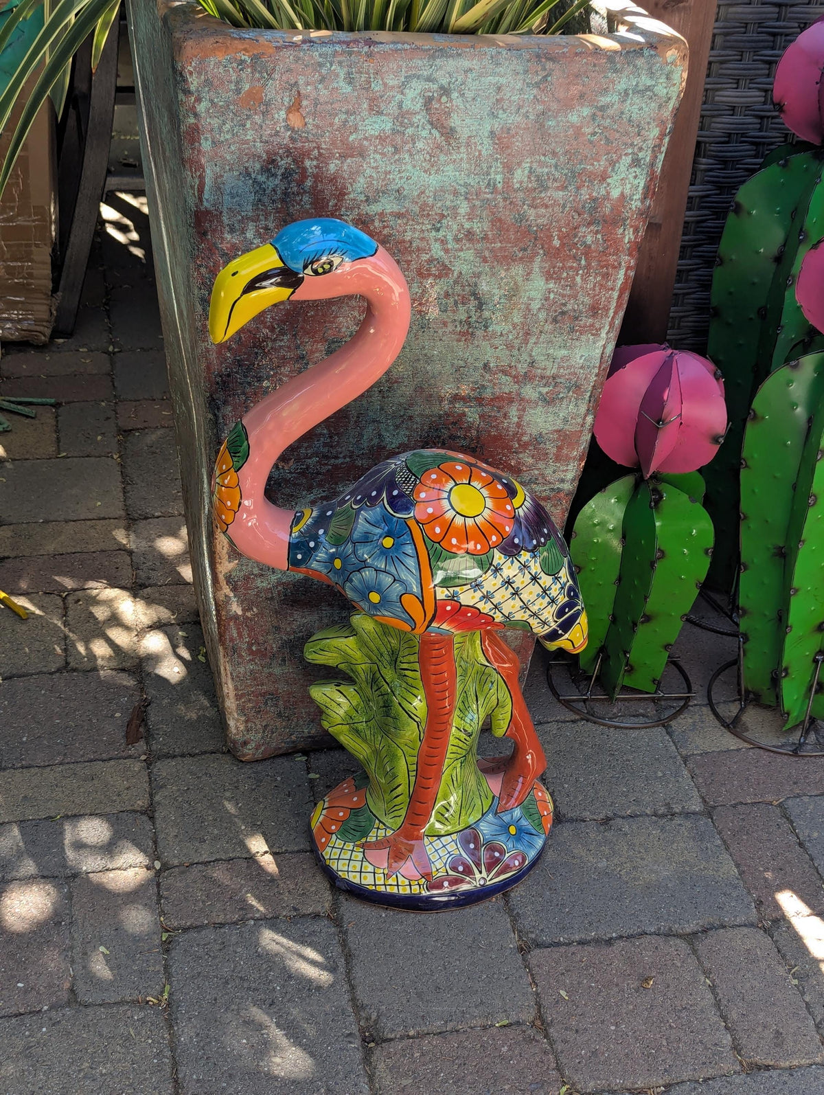 Pink Flamingo Garden Decor & Yard Art, Ceramic Talavera Pottery to use as Home Decor, Porch Decoration or Outdoor Decor