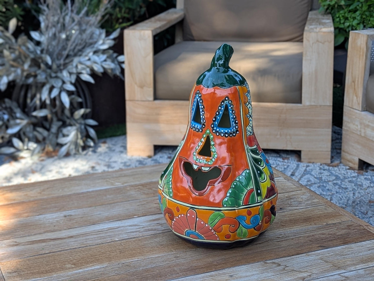 Halloween Pumpkin Decor, Talavera Pottery, Jack-o-Lantern Home Decoration, Handmade Mexican Art for Outdoor Patio Decor or Trick or Treat