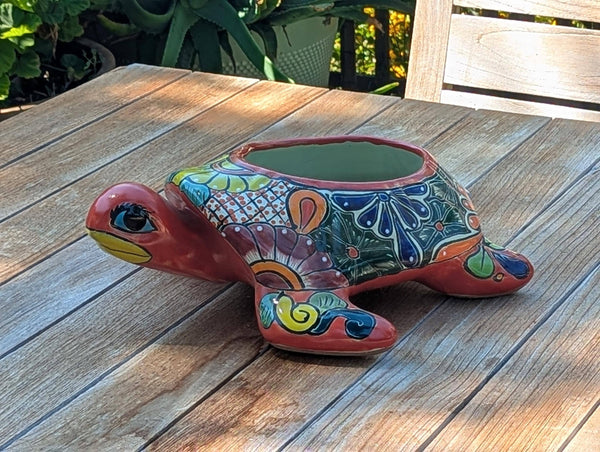 Talavera Turtle Planter, Handmade Mexican Pottery for Succulents or Flowers or Garden Decor, Ceramic Flower Pot for Outdoor or Home Decor