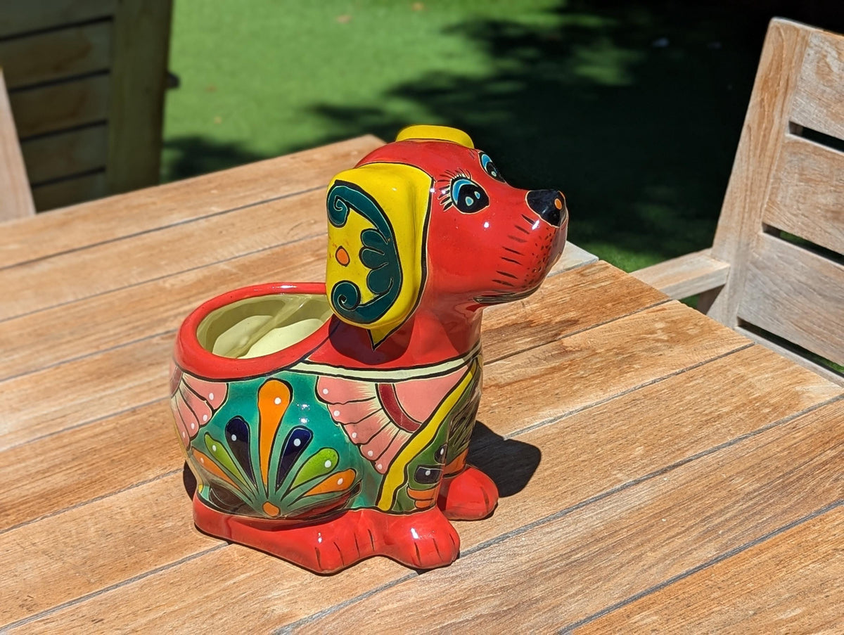 Talavera Dog Flower Pot for Outdoor Decor or Garden Decorations, Planter Pot is Handmade Mexican Pottery, great as Cute Dog Lover Gifts