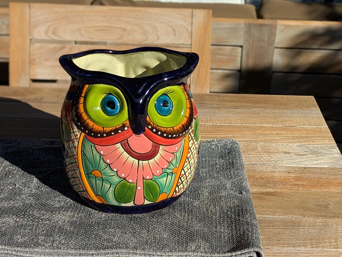 Lovely Owl Flower Pot | Ceramic Talavera Planter is Handmade Mexican Pottery for Outdoor Garden Decor, Indoor Home Decor, 11.5 inch Tall