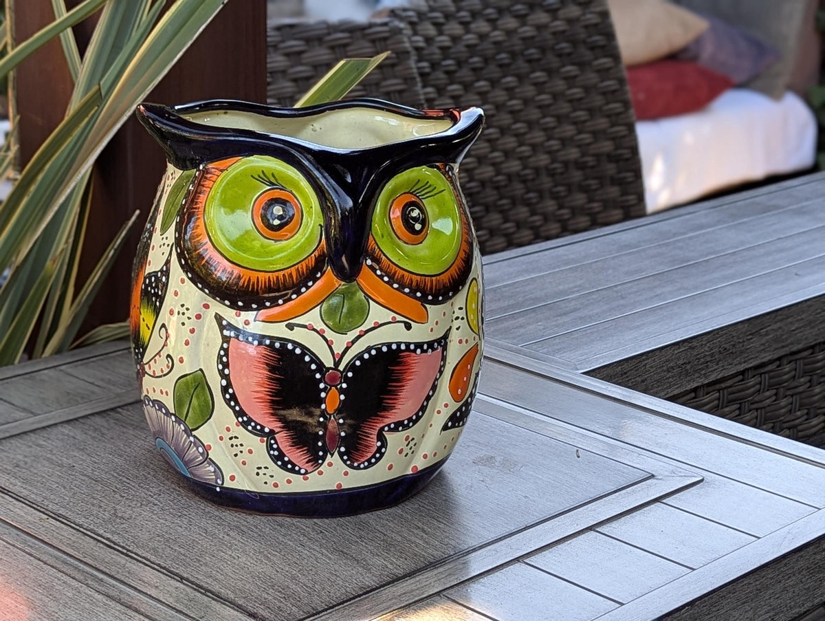 Lovely Owl Flower Pot | Ceramic Talavera Planter is Handmade Mexican Pottery for Outdoor Garden Decor, Indoor Home Decor, 11.5 inch Tall