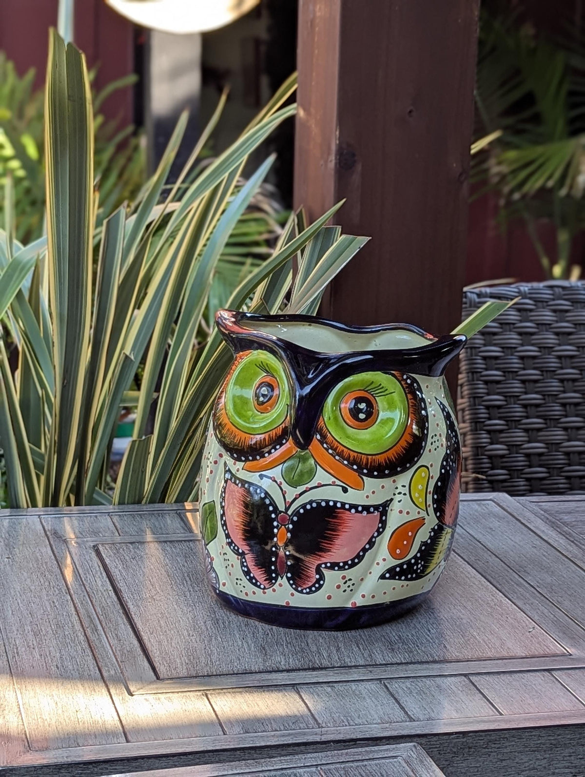 Lovely Owl Flower Pot | Ceramic Talavera Planter is Handmade Mexican Pottery for Outdoor Garden Decor, Indoor Home Decor, 11.5 inch Tall