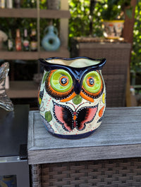 Lovely Owl Flower Pot | Ceramic Talavera Planter is Handmade Mexican Pottery for Outdoor Garden Decor, Indoor Home Decor, 11.5 inch Tall