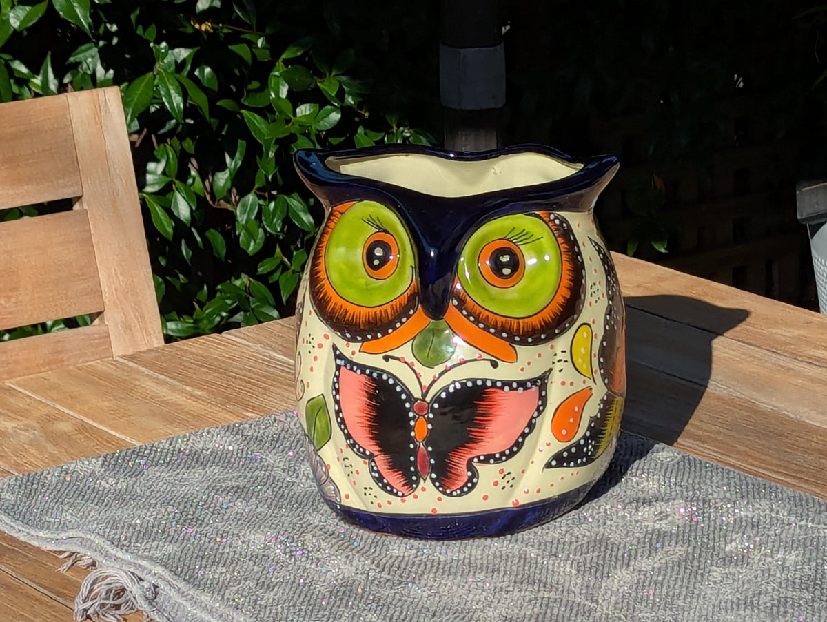 Lovely Owl Flower Pot | Ceramic Talavera Planter is Handmade Mexican Pottery for Outdoor Garden Decor, Indoor Home Decor, 11.5 inch Tall