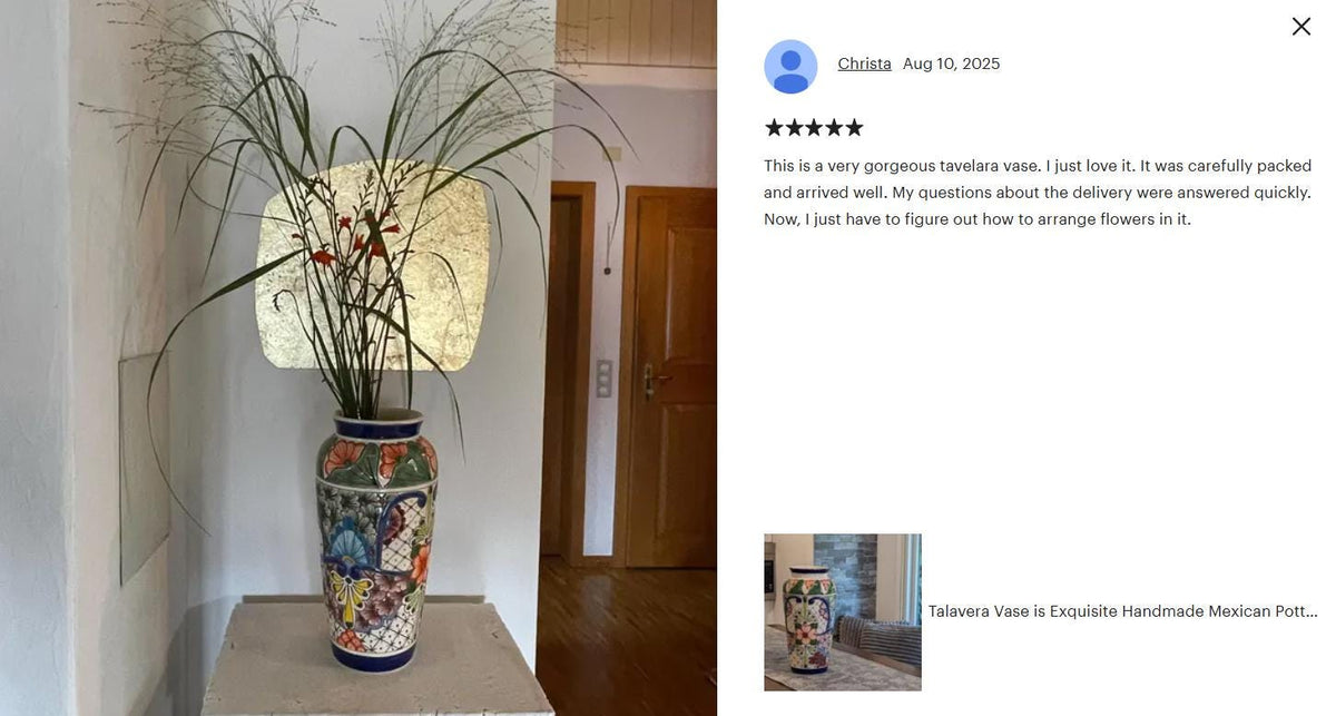 Ceramic Talavera Vase is Exquisite Handmade Mexican Pottery | Decorative &quot;Marisela&quot; Floral Vase is Gorgeous Home Decor & Centerpiece