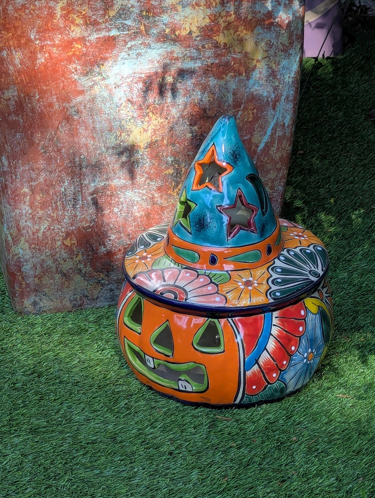 Halloween Pumpkin Fall Decor | Handmade Mexican Talavera Porch Art & House Decor, Large Autumn Jack-o-Lantern