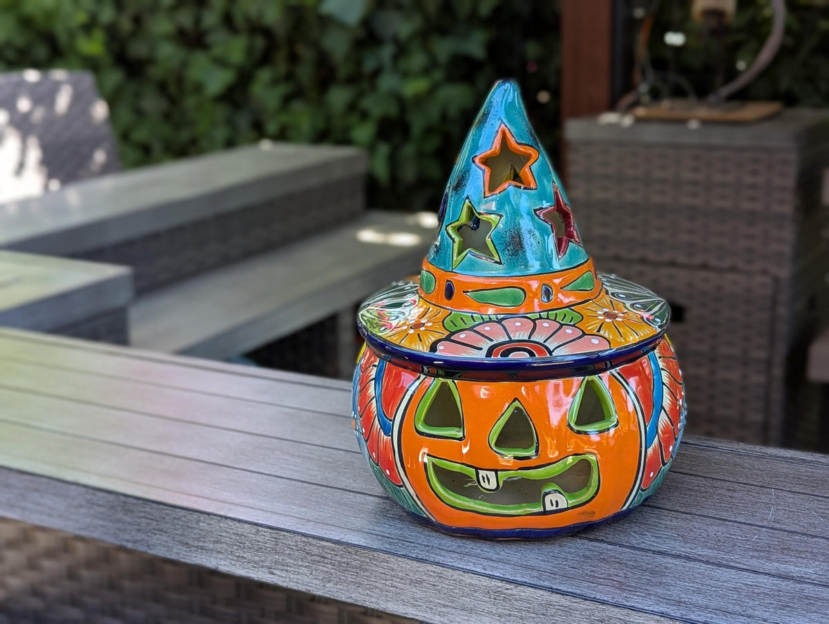 Halloween Pumpkin Fall Decor | Handmade Mexican Talavera Porch Art & House Decor, Large Autumn Jack-o-Lantern