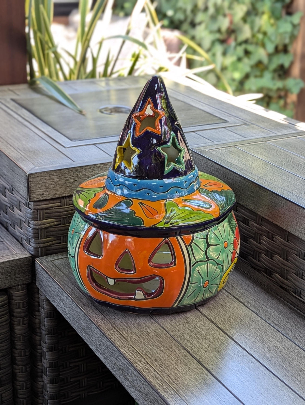 Halloween Pumpkin Fall Decor | Handmade Mexican Talavera Yard Art & Home Decor, Large Autumn Jack-o-Lantern