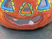 Halloween Pumpkin Decor with LIP CHIP | Handmade Mexican Talavera Yard Art & Home Decor, Large Autumn Jack-o-Lantern, Sold As Is