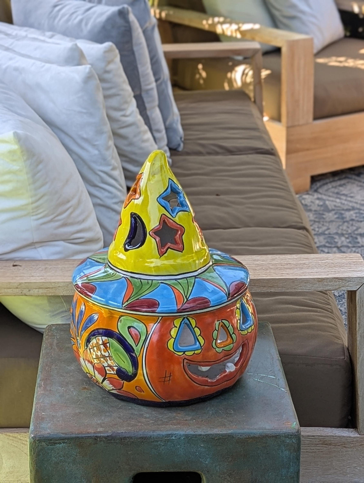 Halloween Pumpkin Decor with LIP CHIP | Handmade Mexican Talavera Yard Art & Home Decor, Large Autumn Jack-o-Lantern, Sold As Is