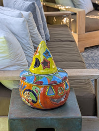 Halloween Pumpkin Decor with LIP CHIP | Handmade Mexican Talavera Yard Art & Home Decor, Large Autumn Jack-o-Lantern, Sold As Is