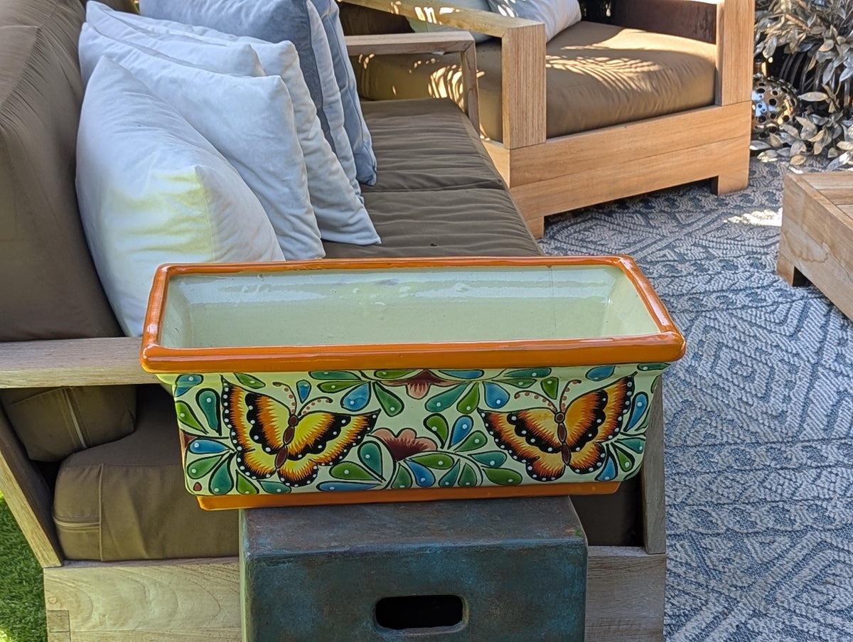 Window Box Planter | Handmade Talavera Pottery from Mexico for Flowers or Succulents, Use Indoor or Outdoor, Butterfly Motif