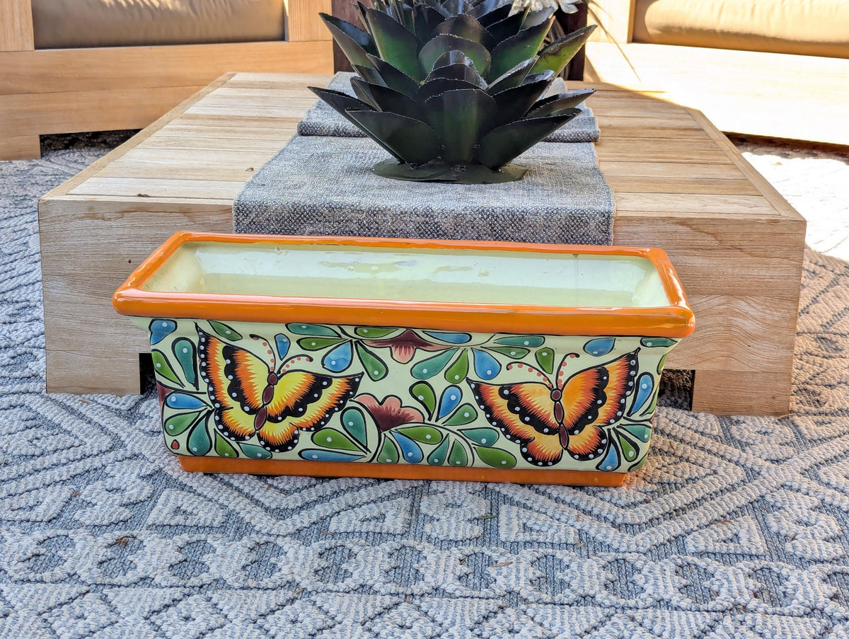 Window Box Planter | Handmade Talavera Pottery from Mexico for Flowers or Succulents, Use Indoor or Outdoor, Butterfly Motif