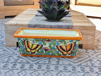 Window Box Planter | Handmade Talavera Pottery from Mexico for Flowers or Succulents, Use Indoor or Outdoor, Butterfly Motif