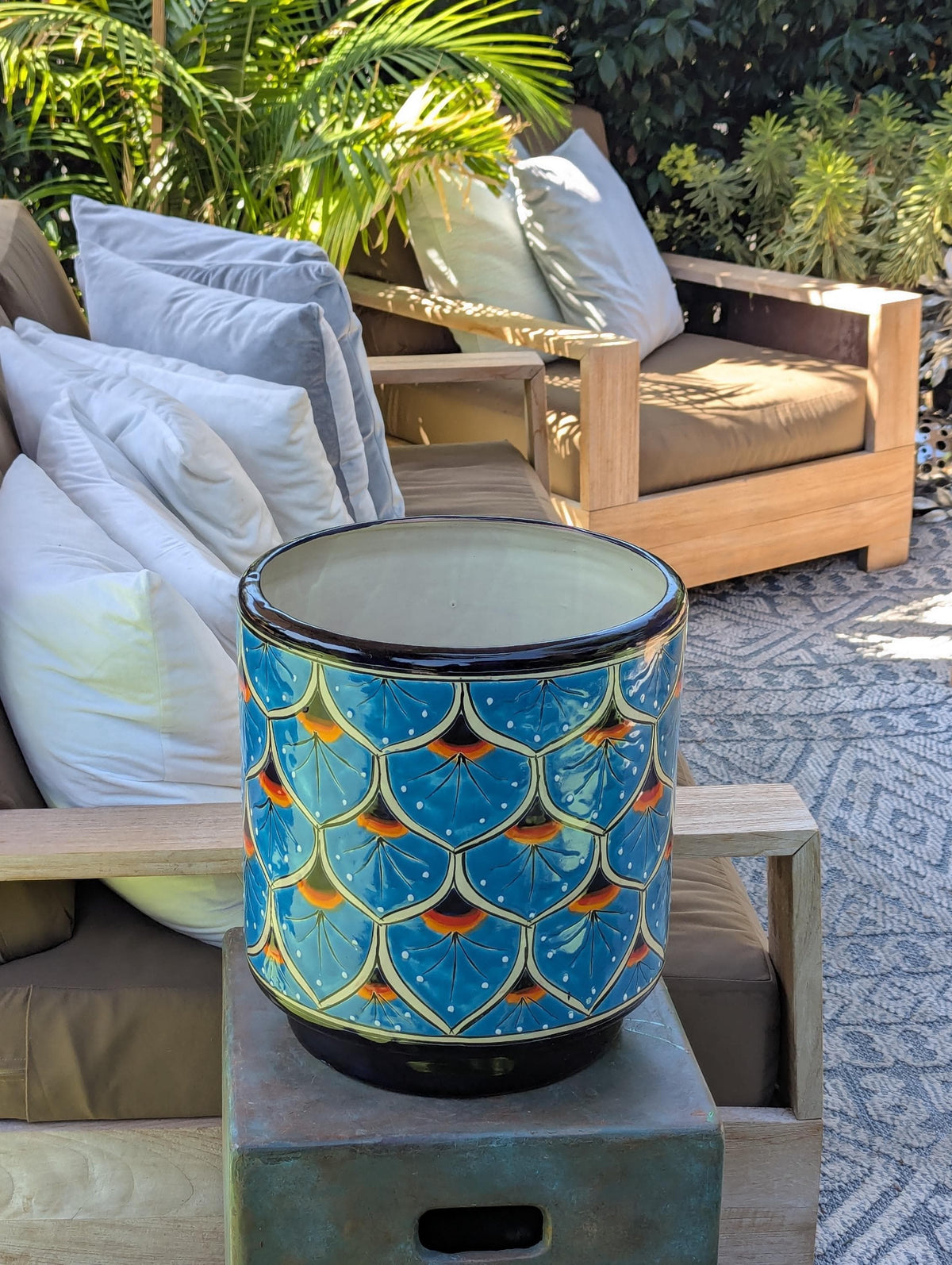 Talavera Planter | 14" Tall Round Flower Pot is Handmade Ceramic Mexican Pottery & Garden Art - Bold Indoor Home Decor or Housewarming Gift